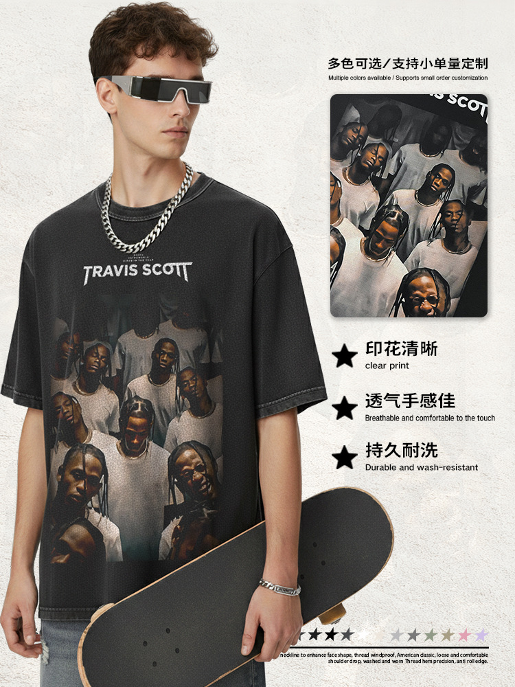Bc Europa y América calle hip hop Travis Scott rap personaje impreso lavado apenado suelta manga corta Camiseta de los hombres