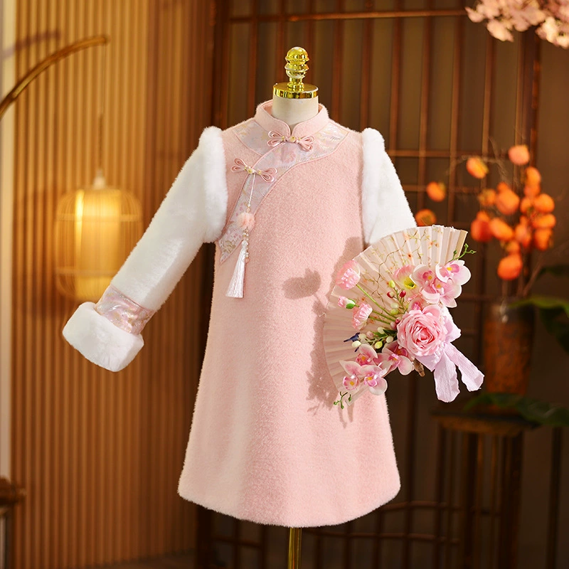 Девочка осенняя и зимняя одежда китайский стиль плюс бархатная детская одежда Тан толстая и теплая женская юбка чонсам новогодняя одежда