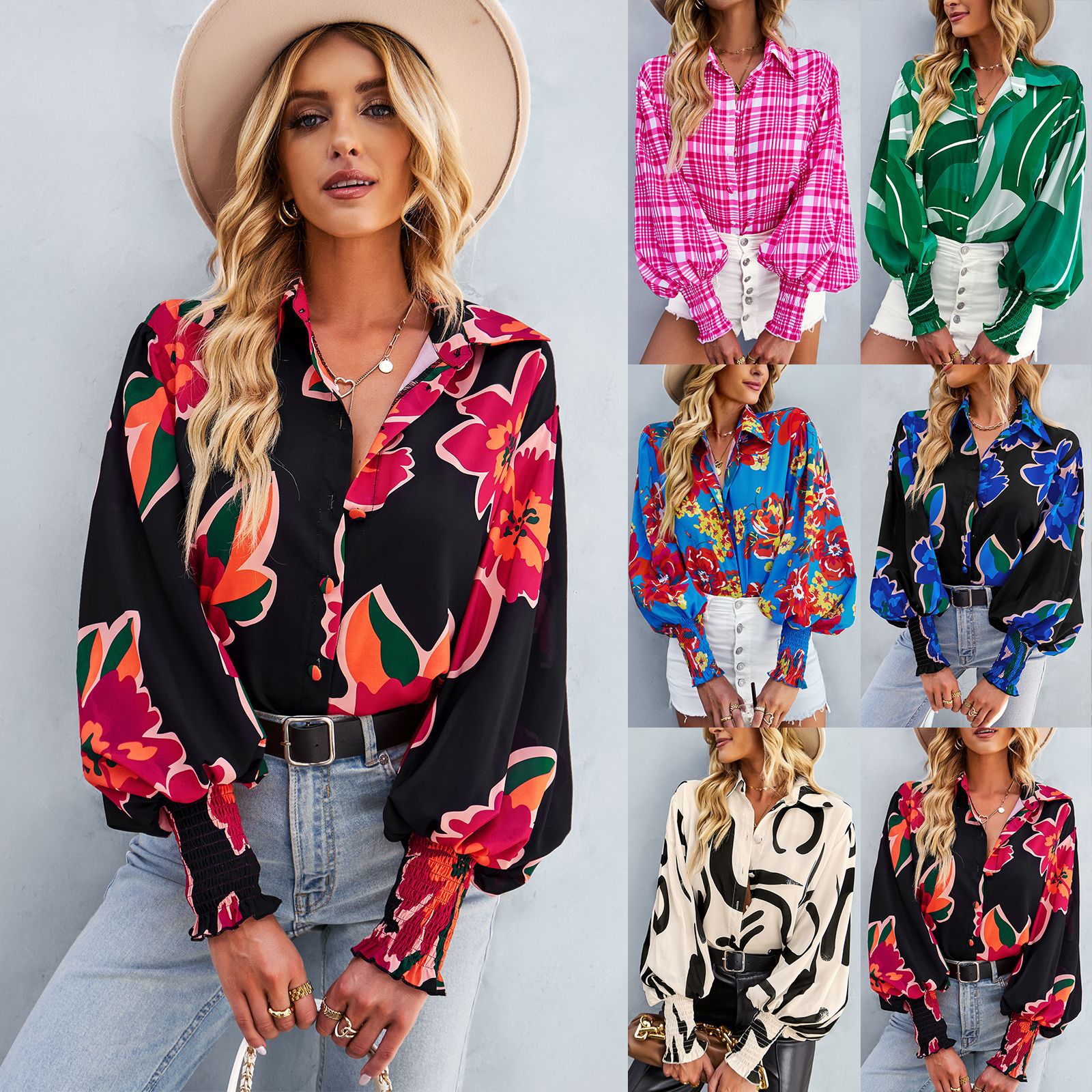 Women's Contrast Printed Shirt Long Sleeve Versatile Top_voghion.com