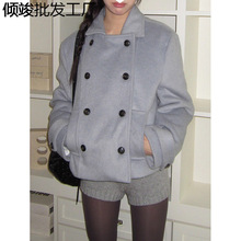 韩国chic秋冬法式学院风翻领双排扣夹棉百搭口袋长袖羊毛呢外套女