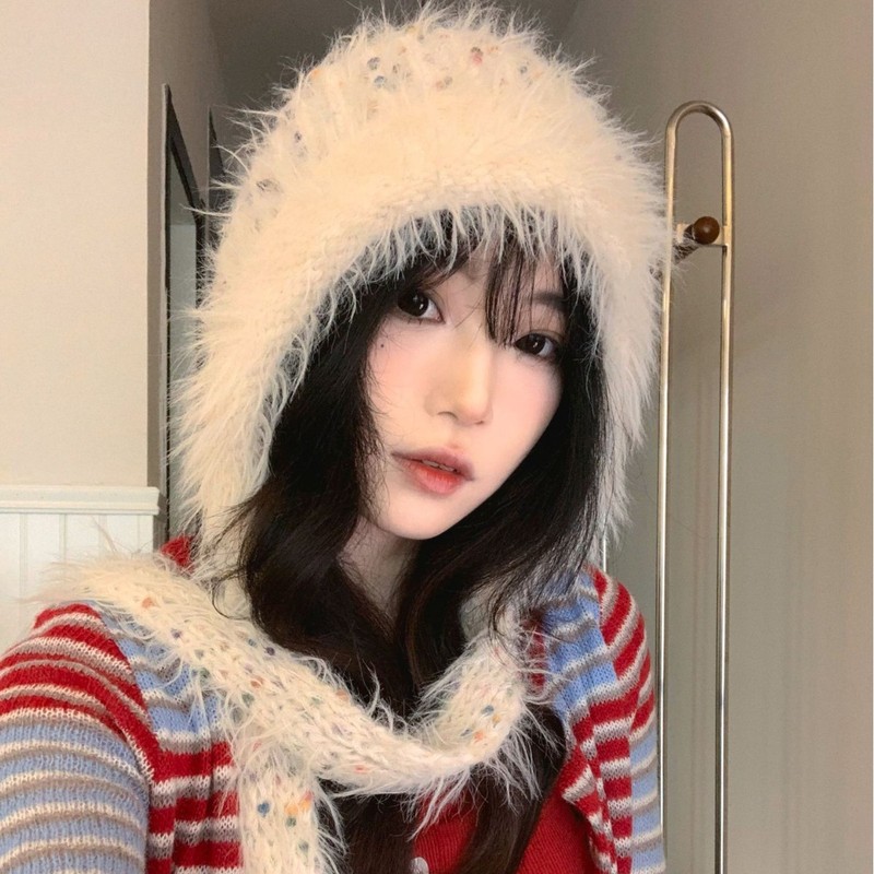 甜美彩色糖豆毛线帽女秋冬季加厚保暖针织毛绒帽毛茸护耳雷锋帽子|undefined