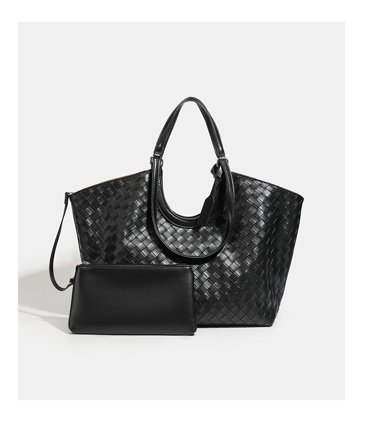 Túi tote da bò dệt kiểu retro cỡ lớn, có túi con rời, quai xách tay và đeo vai — màu nâu, màu đen chi tiết 16