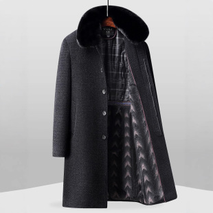 2026 Winter Men's Popular Mid-Length Woolen Winter Fleece-Lined Long Coat for Middle-Aged and Elderly Dads