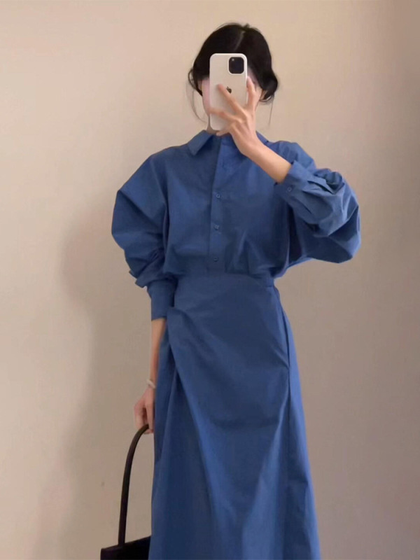 早秋穿搭蓝色长袖衬衫连衣裙子女秋季2025新爆款高级感套装长裙|undefined