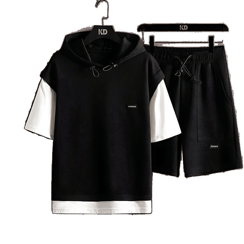 Men's Oversized Waffle Knit Short Sleeve Hoodie And Shorts Set Casual Coordinated Summer Streetwear Fake Two-Piece Outfit_viptrois.com