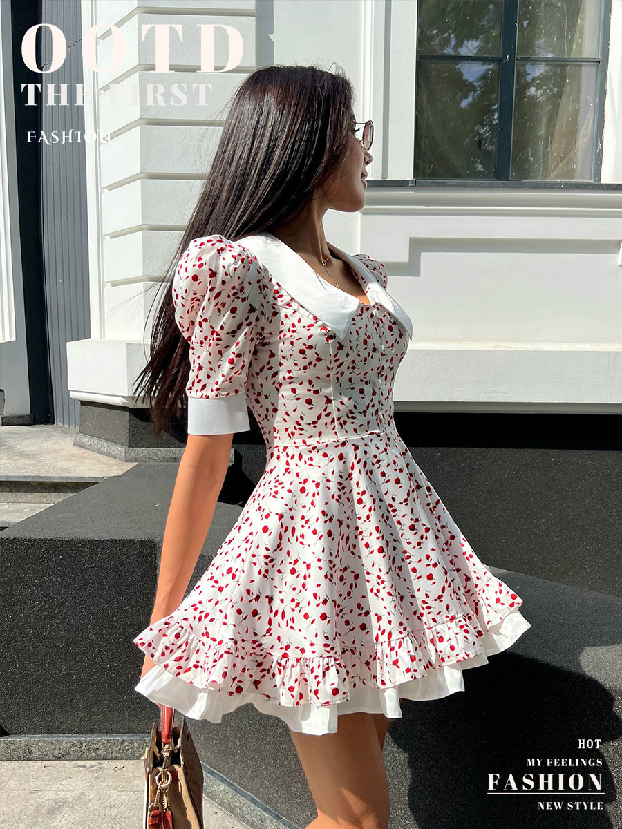 V-neck Printed Dress For Women, European And American Summer New Style, Bubble Sleeve Short Skirt_ecoleips.com