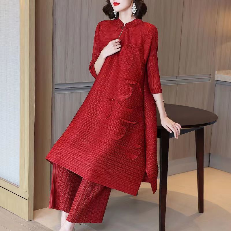 Miyake Fashion Suit, Stylish Mother's Wear, Wedding Banquet Dress, Middle-Aged and Elderly Women's Clothing, Slimming Plus-Size Two-Piece Set, New Model