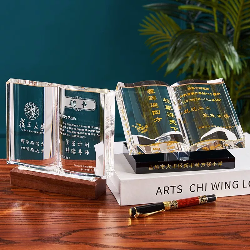 Crystal trophy creative crystal book teacher retirement commemoration company appointment letter certificate medal authorization plate manufacturer wholesale
