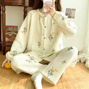 Confinement clothing autumn and winter simple printed loose casual home wear long sleeve cardigan suit women's thickened two-piece suit