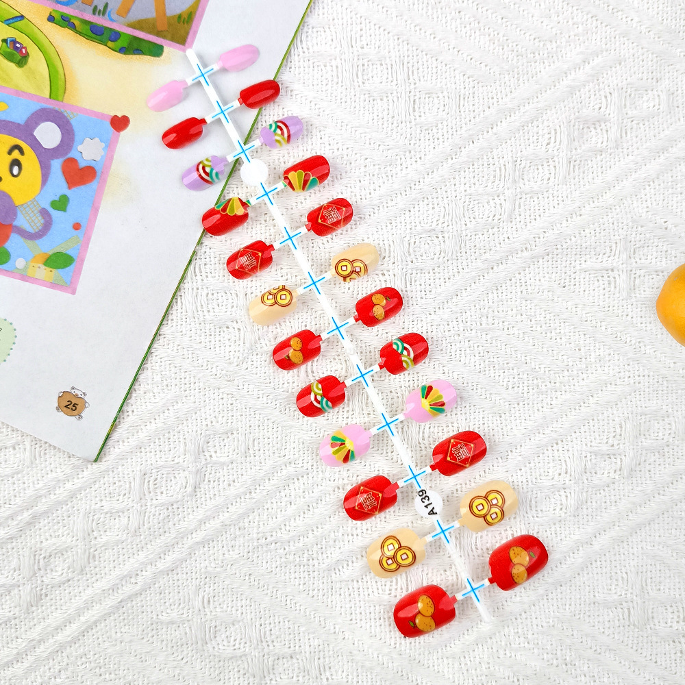Nuevo estilo nacional infantil de Año Nuevo vestir una serie de uñas de 24 piezas de dibujo de uñas de niños grandes uñas falsas image 9