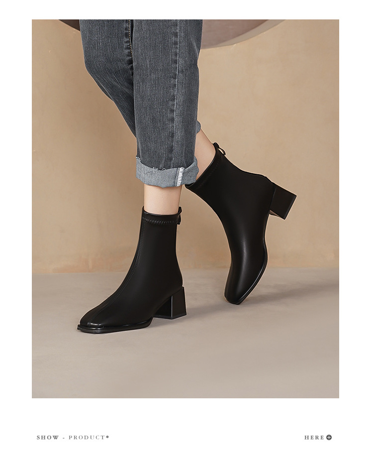 Courtes en cuir véritable pour femmes, nouvelle botte française haute et fine, tête carrée épaisse, printemps et automne 2024_voghion.com