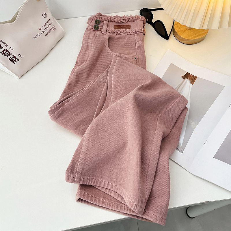 Women's Clothing Narrow wide leg pants for women autumn and winter dirty pink new high waist slim hot style mopping plus velvet straight jeans_voghion.com