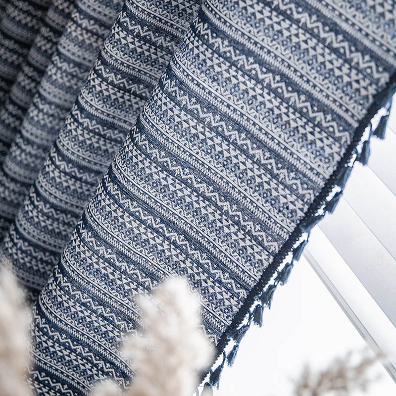 Bohemian Yarn-dyed Jacquard Blue Geometric Tassel Semi-shading Curtain Wholesale display picture 17