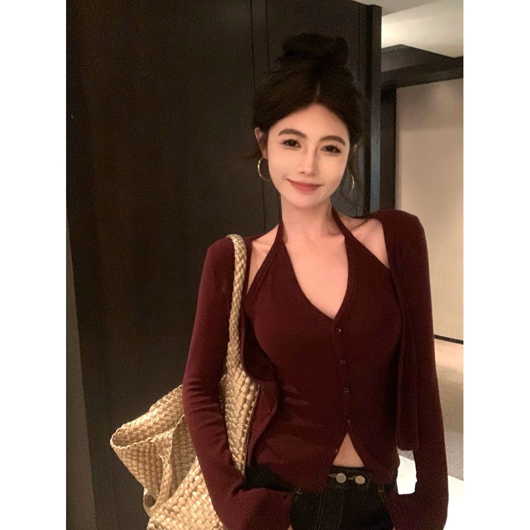 2026 Early Spring New Sexy Hot Girl Style Halter Neck Cardigan Slimming Fake Two-Piece Inner T-Shirt Base Top