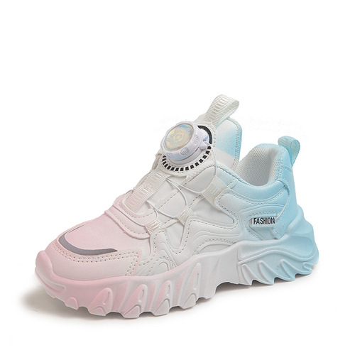 Children's Spring and Autumn Leather Waterproof Sports Shoes for Girls and Boys, Middle-Size with Rotating Button 