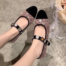 现货羊皮版~苏茵茵同款气质小香风花呢拼色一字扣玛丽珍鞋女单鞋