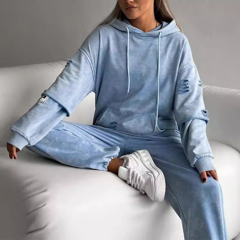 Damenbekleidung Sweatshirt-Set mit Kapuze und Loch_voghion.com