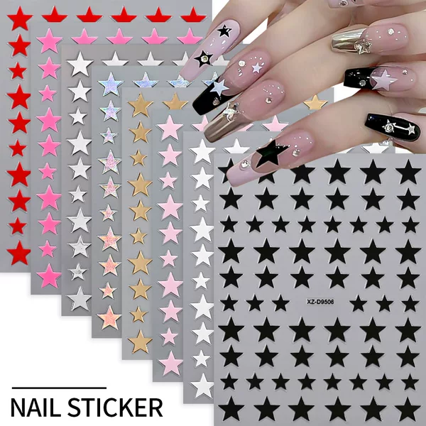 64 Five-Pointed Star Nail Stickers in Black, White, Gold, Silver, Pink, 8 Colors, Nail Stickers with Adhesive Backing, Long-Lasting Handmade Nail Stickers