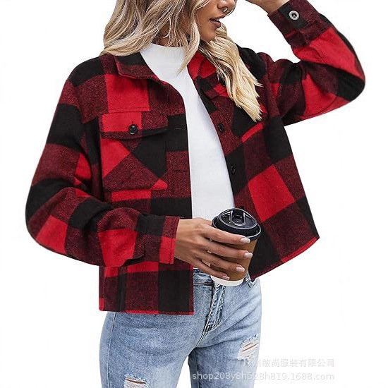 2025 European and American Cross-Border Amazon Autumn Coat Tops Women's Flannel Short Jacket Plaid Button-Down Shirt