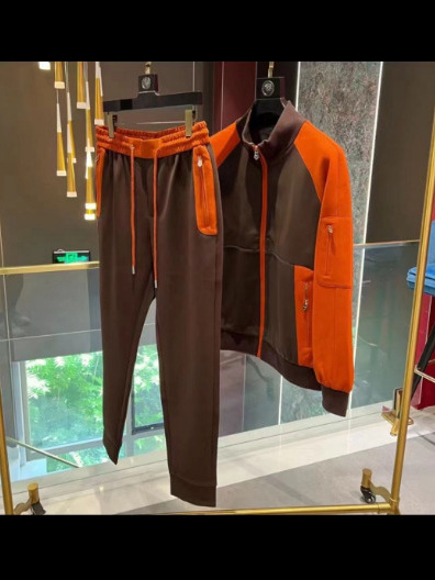 New Men's Autum High-End Stitching Contrasting Color Casual Suit Trendy Fashion Sports Handsome Jacket and Sweatpants Complete Set 5