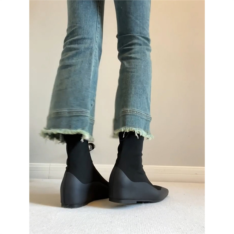 Cowhide Version ~ Retro Black Short Socks Boots, Stretchy Women's Slim Boots, Simple Inner Heightening Square Toe Flats, Multi