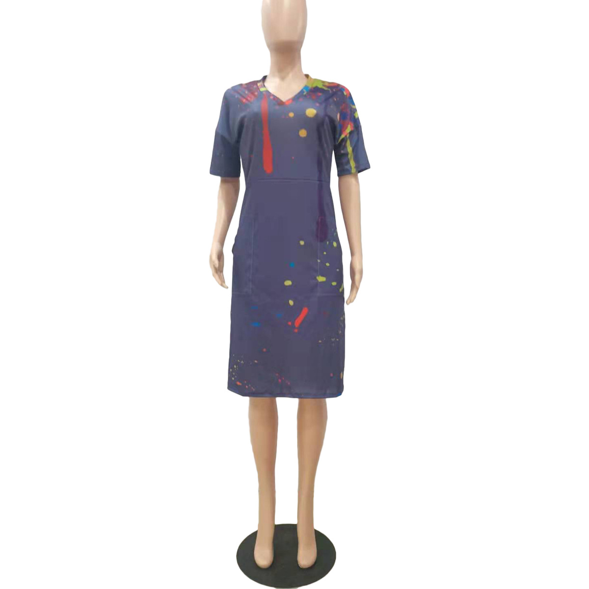 Loose Splashed Ink Printing V neck Casual Dress with Pocket