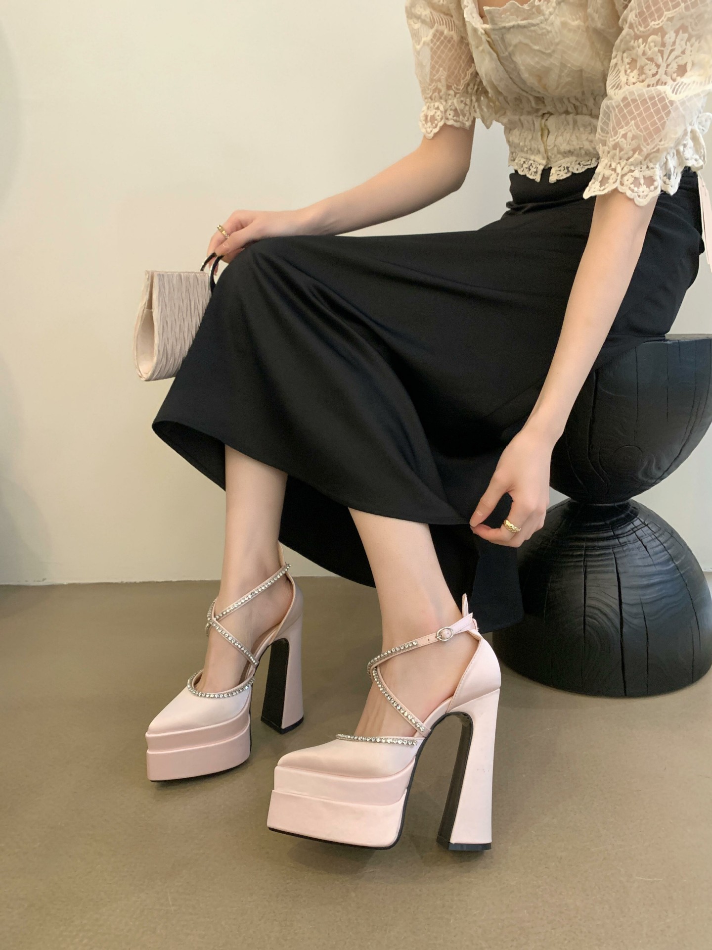 Giày cao gót nữ mũi nhọn satin gót dày thời trang xuân hè — Màu đen chi tiết 22