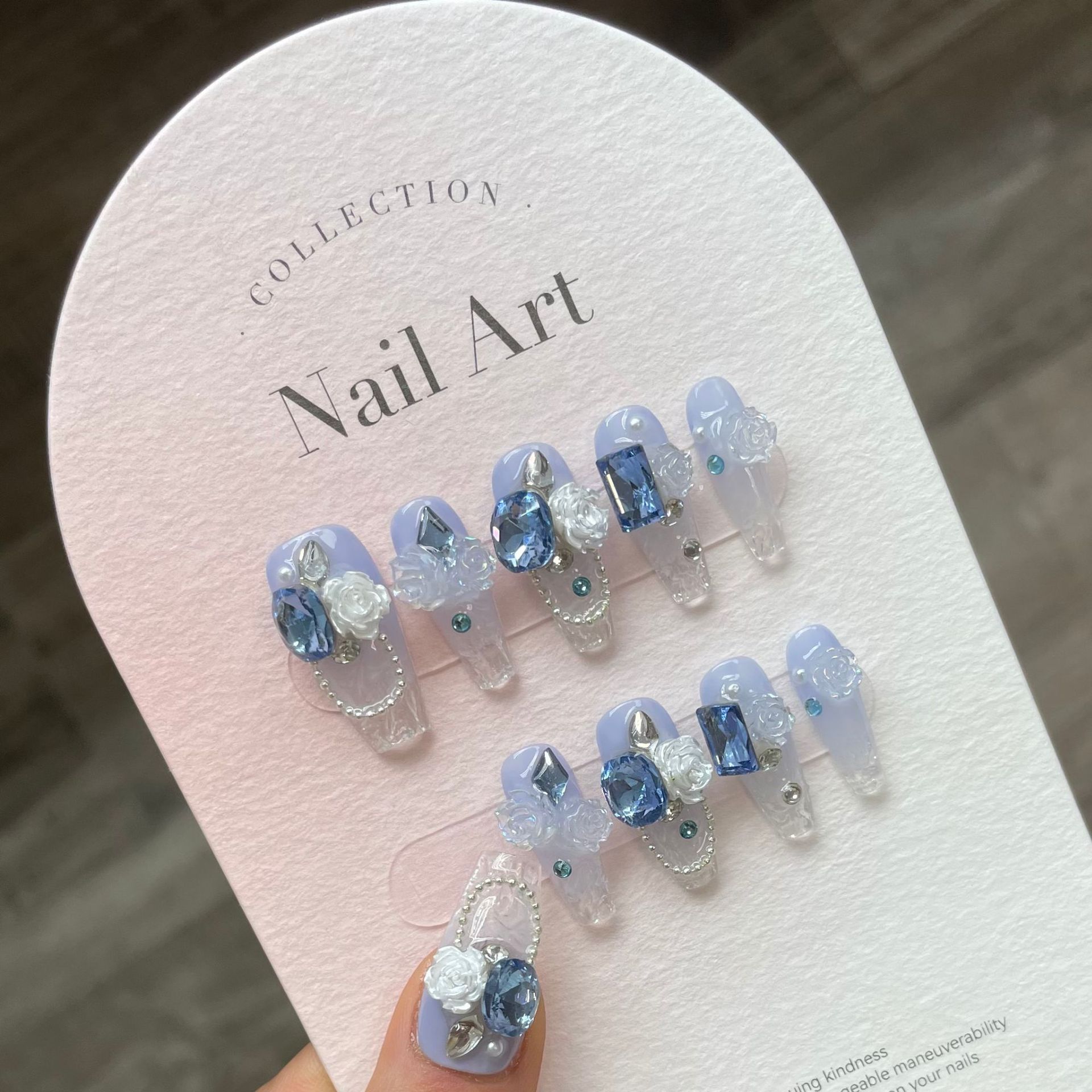 [Mar azul hielo glaseado] desgaste hecho a mano uñas de hielo transparente elegante blanco de alta calidad suave parche manicura producto terminado