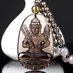 Natural Ice Black Obsidian Pendant for the Year of the Horse, Twelve Zodiac Guardian Bodhisattva Agate Necklace with Protective Pendant