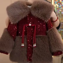 女童加绒外套冬拜年服新款洋气儿童韩版加厚棉服女孩冬装亮片年服