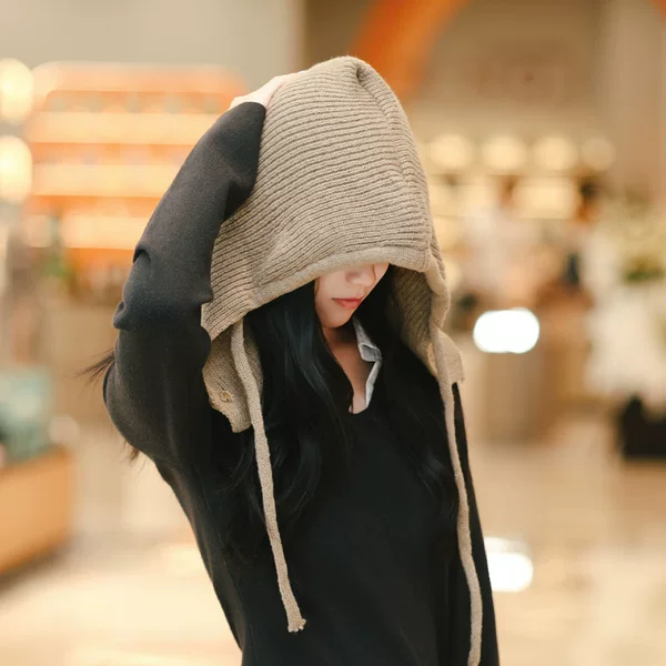 Cross-Border Balaclava Hat and Scarf All-In-One Women's Autumn and Winter Warm Ear Protection Hooded Neck Scarf Knitted Woolen Hat