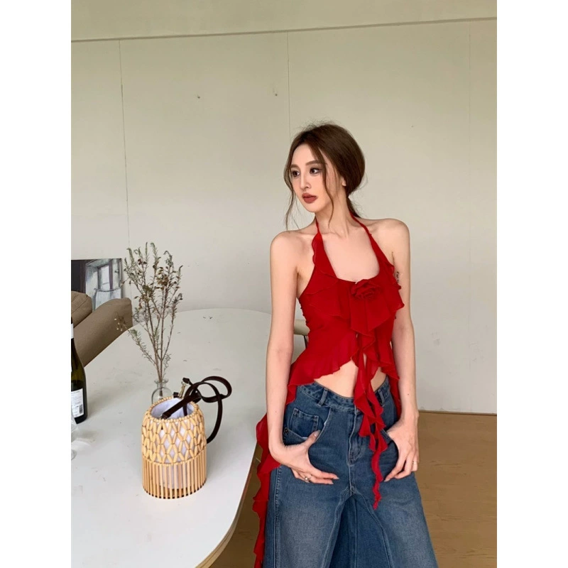 Горячая девушка, сексуальный топ с открытой спиной и воротником на бретельках, женский летний облегающий короткий топ с нерегулярным красным цветком для верхней одежды