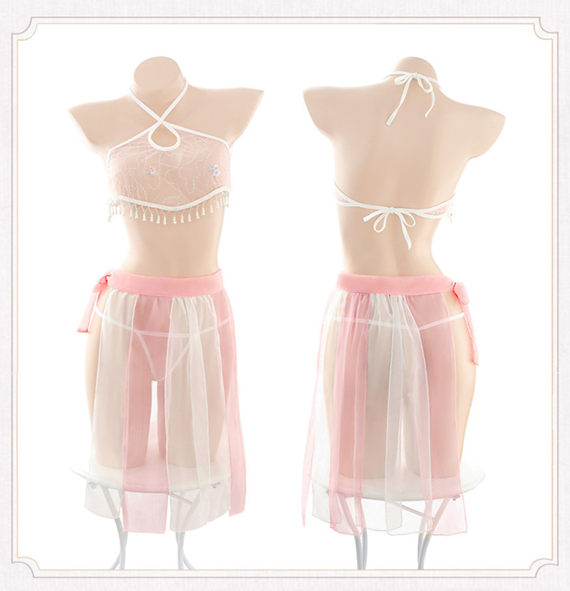 Guanyun Antique-Style Sheer Bellyband Costume Set with Chiffon Robe, Long Skirt and Briefs — detail image 13