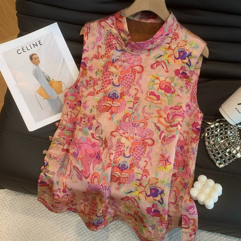 Новое китайское платье без рукавов для женщин лето 2025, лёгкая роскошь, ретро, на пуговицах, стройнящее, молодёжное, элегантное платье-майка