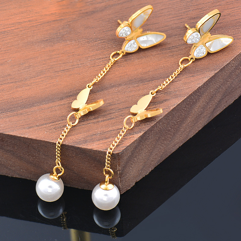 Fashion Butterfly Titanium Steel Inlay Shell Pendant Necklace 1 Piece 1 Pair