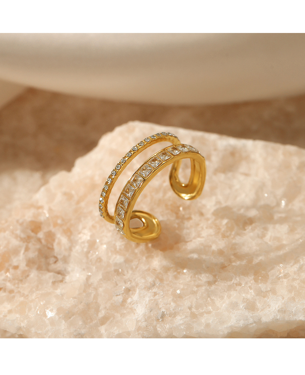 Fashion Round Stainless Steel Plating Inlay Artificial Diamond Open Ring 1 Piece