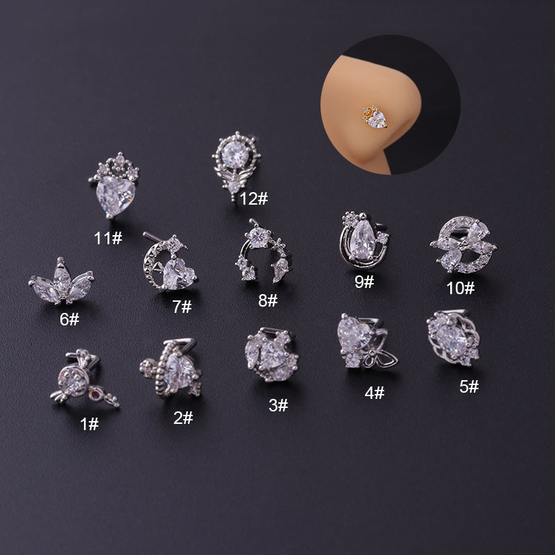 Titanium Steel Screw Rod Heart Shape Crown Zircon Nose Stud Fashion Puncture Nose Studs