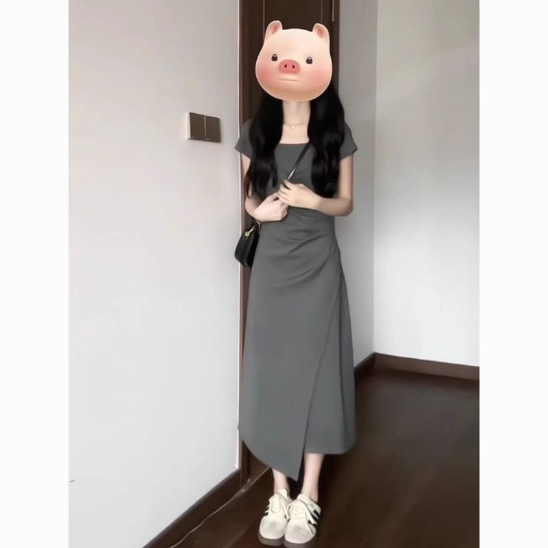 法式气质灰色连衣裙子女装夏季2025新款感小个子收腰显瘦长裙|undefined
