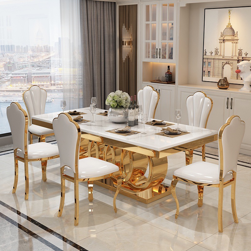 Light Luxury Marble Dining Table and Chairs, Stainless Steel Dining Chairs, Hotel Banquet Chairs, European Style Wave Crown Back Stainless Steel Chairs