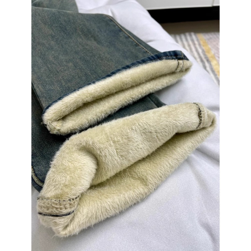(2개) 기모 두꺼운 레트로 블루 스트레이트 청바지 여성용 겨울 플러스 사이즈 통통녀 높은 허리 엉덩이 커버 스트레치 바지