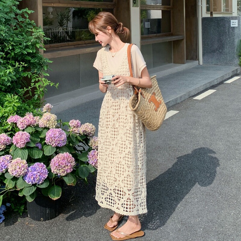 Bohemian Style Crochet Hollow Jacquard Knitted Dress Women's New Summer Style Loose Layered Blouse Long Skirt