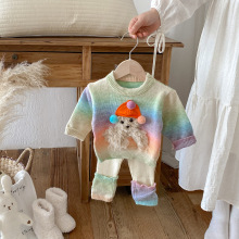 女宝宝秋冬装套装新韩系毛衣儿童彩色条纹针织衫多巴胺卡通两件套