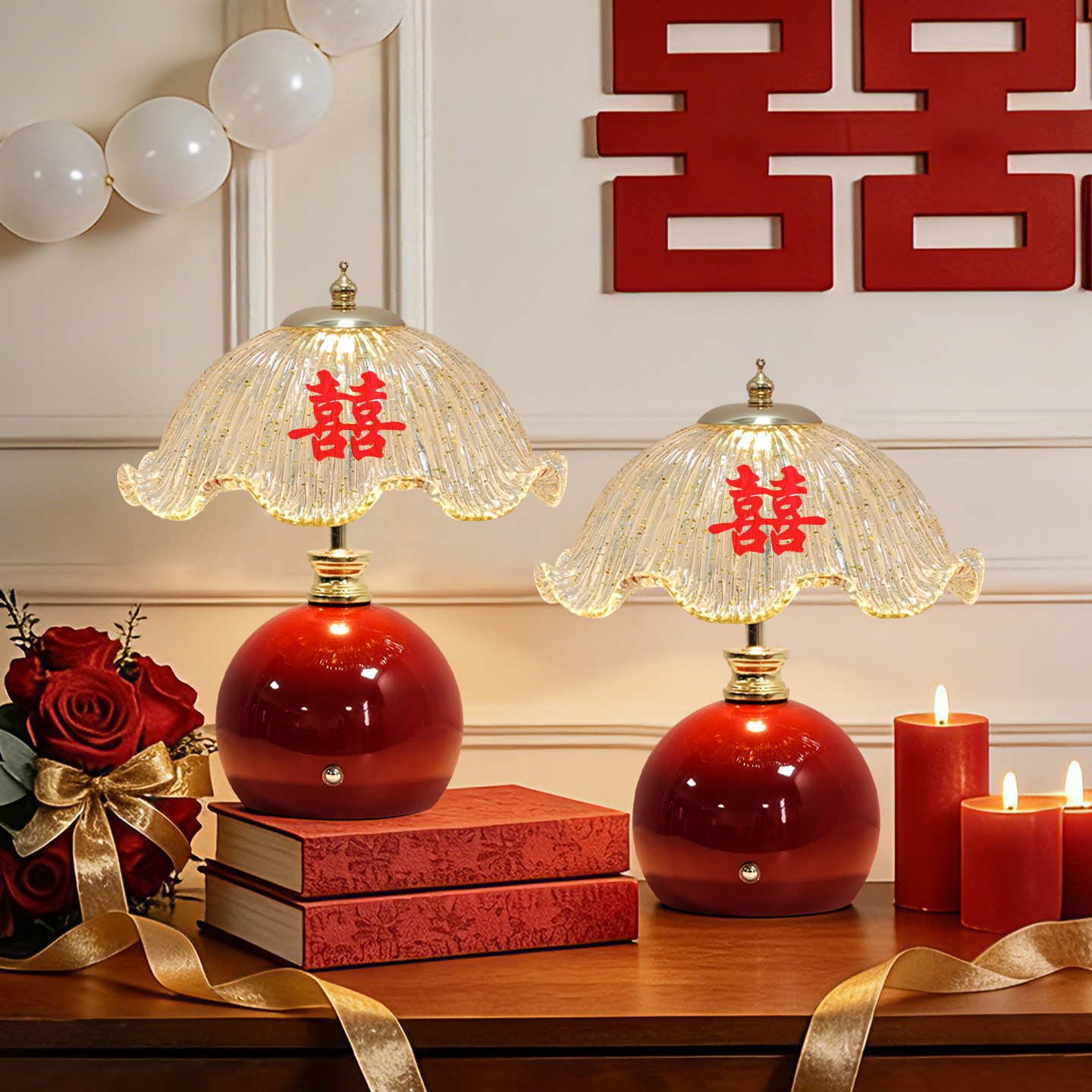 Wedding table lamp, wedding room bedside lamp, a pair of red bridal dowry ever-light lamps for the newlyweds, wedding gifts, wedding celebrations