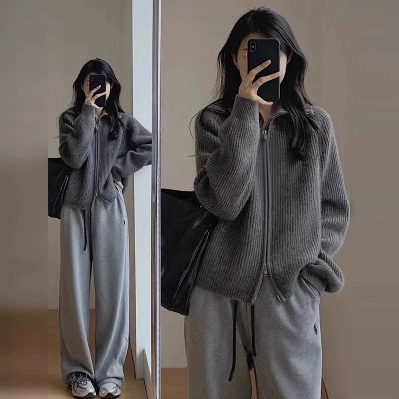 Вязаный кардиган с молнией ретро, свободный крой, демисезонный, серый, one size