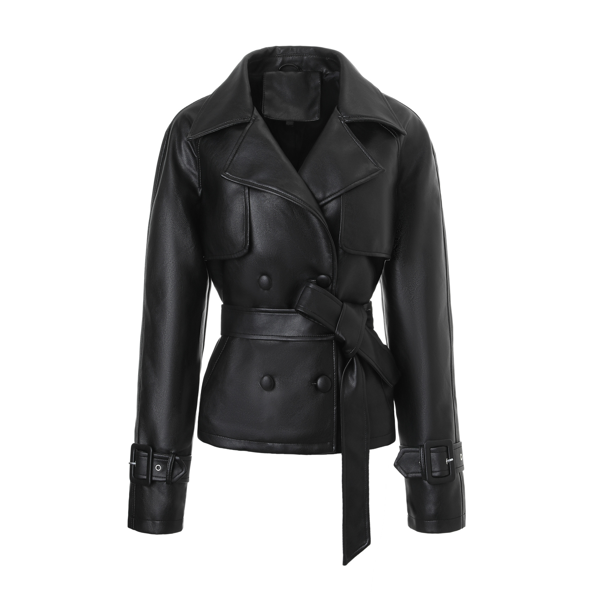 European and American Style Pu Leather Jacket with a Turn-Down Collar, Double-Breasted, Fashionable and Versatile Biker Jacket with Adjustable Waist Belt for Three Seasons