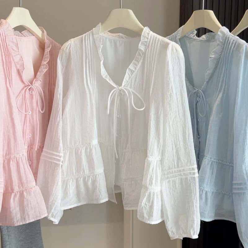 2026 Spring/Summer Thin Ruffled V-Neck Tie Shirt for Women, French Style Loose Lantern Sleeve Inner Layer Blouse