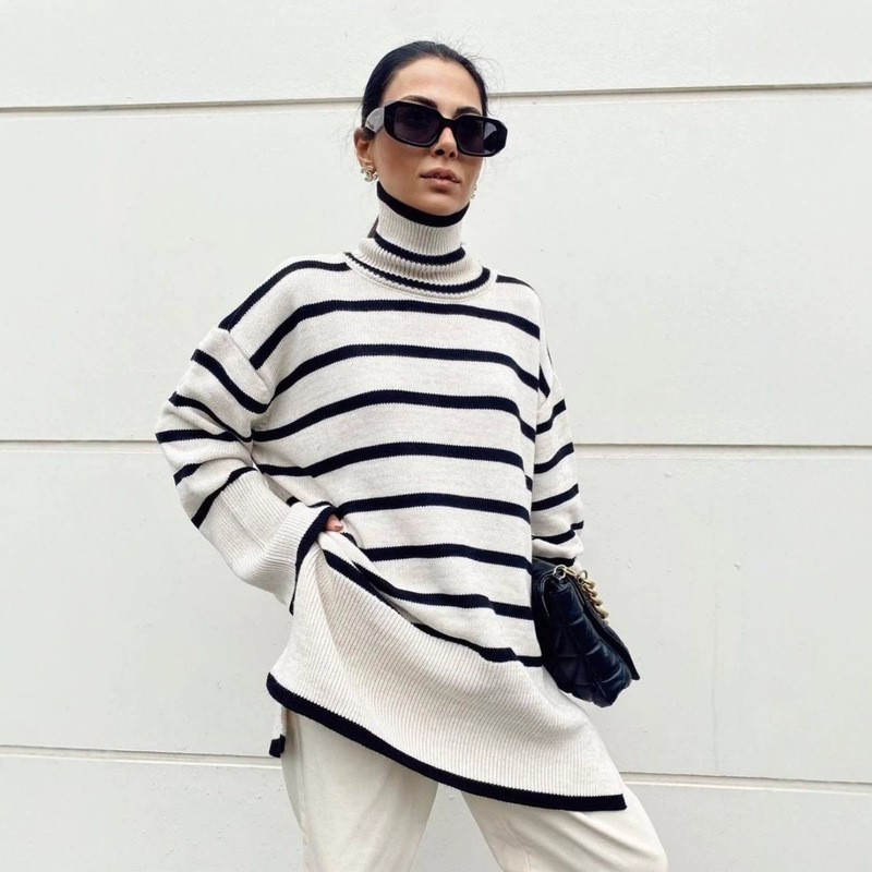 Cross-Border Striped Turtleneck Pullover Sweater for Women, 2026 Autumn and Winter New Style, Loose and Lazy Style, Slit Knit Top Cross-Border Striped Turtleneck Pullover Sweater for Women, 2026 Autumn and Winter New Style, Loose and Lazy Style, Slit Knit Top