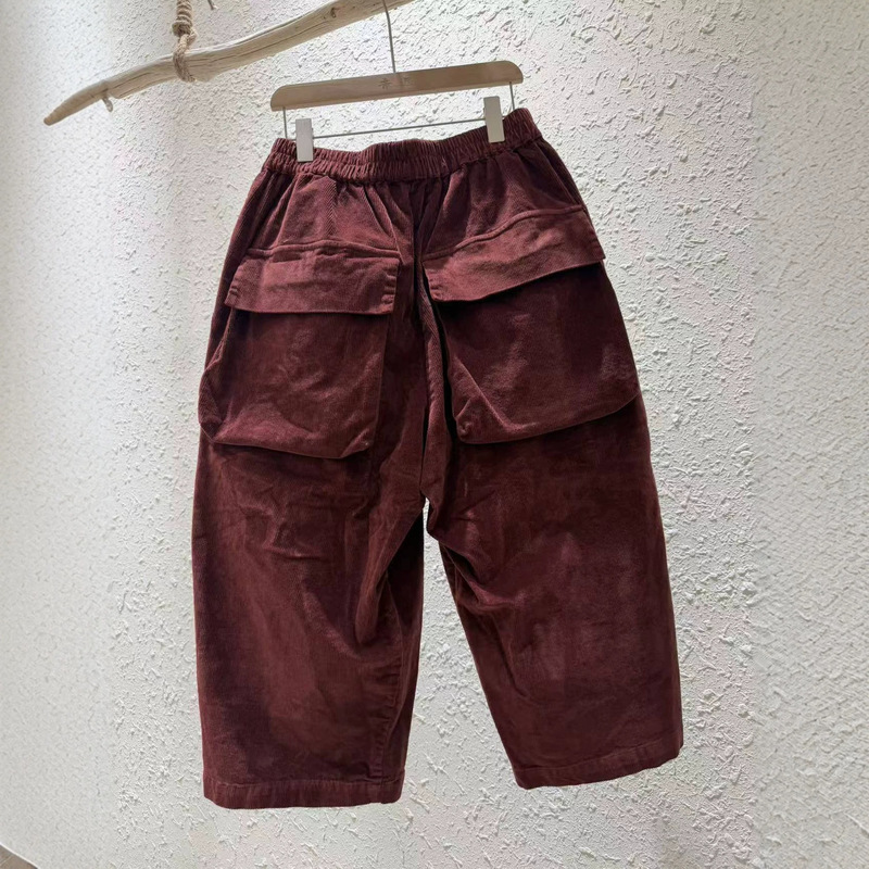 2026 Autumn New Arrival Corduroy Elastic Waist Large Pocket Casual Retro Style Workwear Cropped Pants for Women