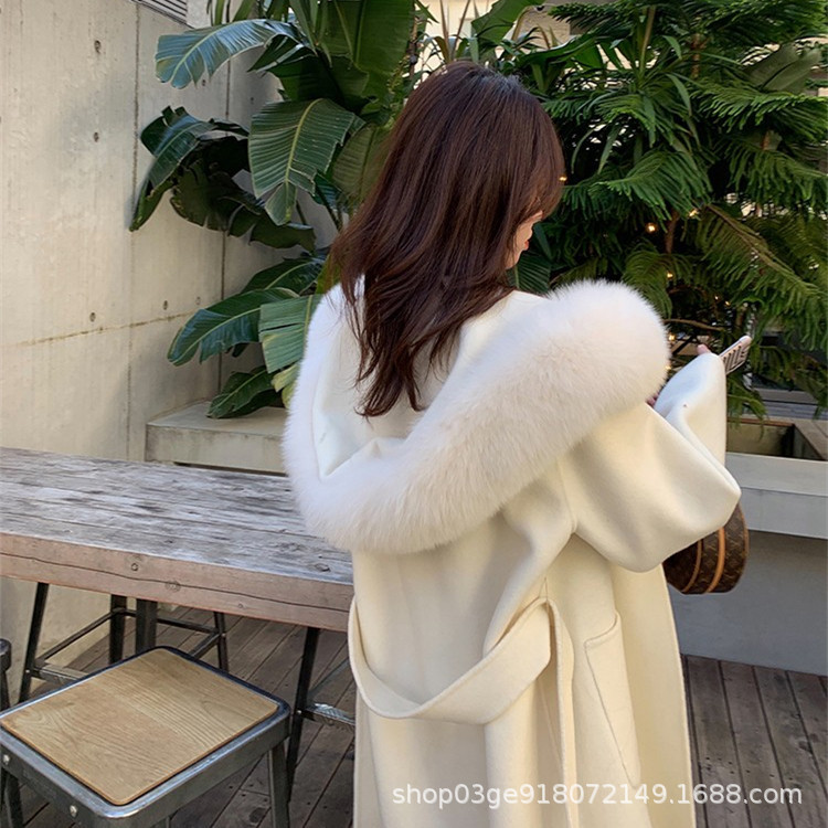 雪が解けた後の2025年秋冬新作、フォックスファー襟付きフード付き両面カシミヤコート、女性用ミドル丈ウールコート