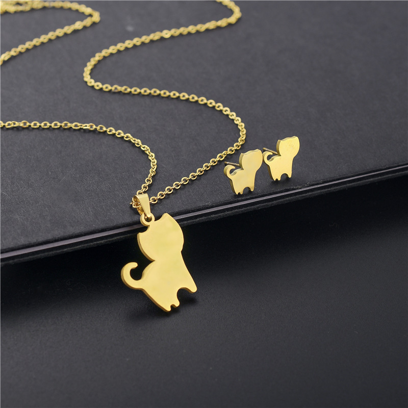 Fashion Kitten Pendant Necklace Earring Set Stainless Steel Jewelry